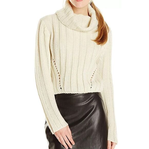 JOA Los Angeles Cream Long Sleeve Funnel Neck Ribbed Wool Crop Sweater Size M - Picture 1 of 7